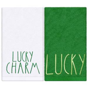 lot 12316 image: JarThenaAMCS 2 Pack St. Patrickfts Day Hand Towel Cotton Embroidered Lucky Charm Bathroom Towel White Green Dish Towel for Irish Party Hand Drying Cleaning Cooking, 29.5 x 13.7 Inch