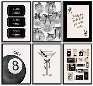 lot 12333 image: Fashion Black White Preppy Wall Art Funky Bows Disco Lucky 8 Balls Matchbox Picture Wall Decor Vintage Tickets Ace Painting Prints Martini Cocktail Y2K Posters Artwork for Girl Room Dorm Apartment