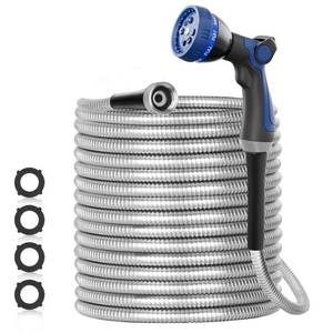 lot 13207 image: SPECILITE 50ft 304 Stainless Steel Garden Hose Metal, Heavy Duty Water Pipe with Nozzles for Yard, Outdoor - Flexible, Never Kink and Tangle, Puncture Resistant (Sliver)