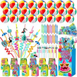 lot 13219 image: Pool Party Favors and Beach Party Favors - 120 PCS Party Bag Stuffers Including Beach Balls, Summer Theme Straws, Bubble Wands, and more for Beach Pool Party Favors, Birthday Party Supplies 4-8 8-12