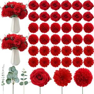 lot 13221 image: Suncalla 98 Pcs Artificial Flowers Bouquet Assorted Faux Flowers Heads with Stem Eucalyptus Leaves Silk Floral Table Centerpiece for DIY Wedding Party Wreath Home Decor(Red Color)