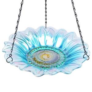 lot 13225 image: VCUTEKA Bird Bath, Glass Hanging Bird Baths for Outdoors Birdfeeder with 21 inch Rust-Proof Chain for Garden Yard Decor, Blue Daisy