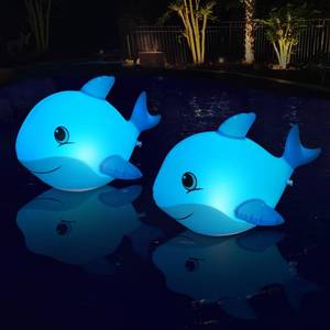 lot 14145 image: Goallim Solar Floating Pool Lights Dolphin, Glow in the Dark Solar Pool Lights that Float, IP68 Wateproof Inflatable Solar Floating Lights for Pool Pond Wedding Party Decorations - 2PC