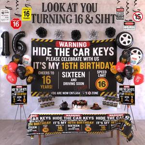 lot 14181 image: 16th Birthday Decorations For Boys Includes Banner, Backdrop, Tablecloth, Latex Balloons, Foil Balloons, Cake Topper, Cupcake Toppers and Hanging Swirls