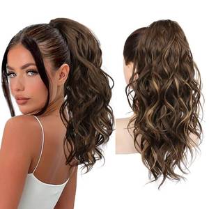 lot 14191 image: REECHO Ponytail Extension, 18in Claw Clip Ponytail Extension Wavy Ponytails Hair Extensions Jaw Clip on Pony Tails Natural Synthetic Hairpiece for Women Daily, Chocolate Brown with Highlights