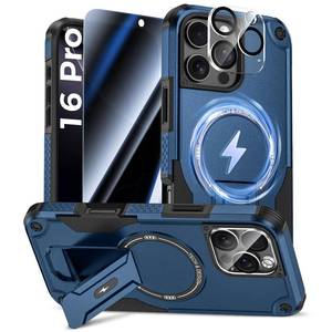 lot 14209 image: Goton for iPhone 16 Pro Case with Privacy Tempered Glass Screen Protector and Camera Lens Protector, Compatible with MagSafe, Invisible Kickstand, Shockproof Phone Cover for iPhone 16Pro, Blue