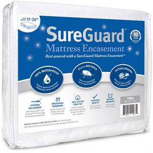 lot 14214 image: Twin (9-12 in. Deep) SureGuard Mattress Encasement - 100percent Waterproof, Bed Bug Proof, Hypoallergenic - Premium Zippered Six-Sided Cover