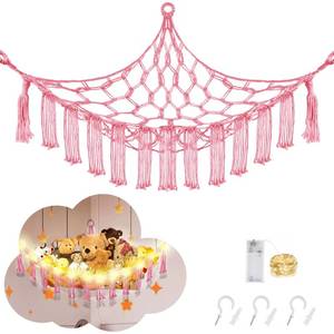 lot 14217 image: CERETIA Stuffed Animal Hammock with LED Light, Large Stuffed Animals Storage Corner Plushie Net for Kids Room Decor, Jumbo Pink