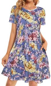 lot 14243 image: elescat Summer Dress for Women Sundress Beach Tshirt Short Sleeve Flowy with Pockets Coverup(Purple Yellow Floral, XL)