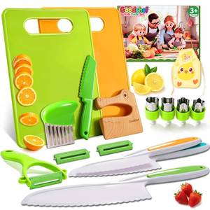 lot 14264 image: 16 PCS Toddler Knife Set-Montessori Kitchen Tools for Toddlers-Kids Knife Set for Real Cooking with Kid Safe Knives Kids Safe Plastic Peeler Cutting Board Crinkle Cutters Montessori Wooden Knife