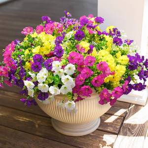 lot 14317 image: HyeFlora Artificial Flowers for Outdoors Fake Plants Outside Decoration, 12 Bundles Silk Colorful Morning Glory with Eucalyptus UV Resistant Realistic Faux Flowers for Planter Front Door Garden Yard