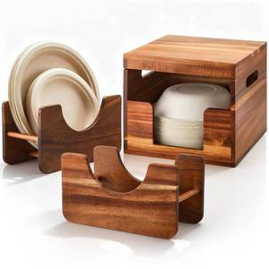 lot 19243 image: LemonRoad 3 Pcs Acacia Wood Paper Plate for 7-10 Inch and Bowl for 8-21 oz Dispenser Holder Cabinet Organizer with Non-slip Feet Space-saving Disposable Rustic Farmhouse Kitchen Picnic Storage