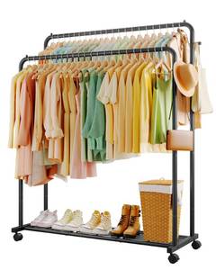 lot 19256 image: Sakugi Clothes Rack - Double Rods Clothing Rack with Mesh Shelf, Hooks and Wheels, Metal Clothing Racks for Hanging Clothes and Bags, Multifunctional Garment Rack for Laundry, Black, 47.2in x 16.9in x 59.1in