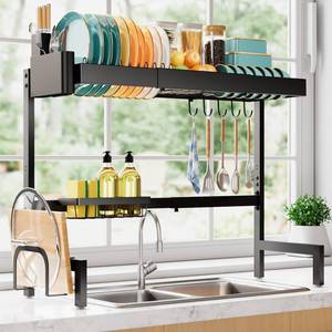 lot 19257 image: Sakugi Over The Sink Dish Drying Rack, Expandable 2-Tier Stainless Steel Kitchen Storage Organization Accessories for Countertop, Rustproof and Space-Saving, 30in�34.5in L x 12in W x 25in H, Black