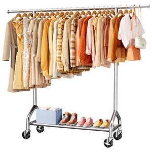 lot 19259 image: Sakugi Heavy Duty Clothes Rack - Garment Rack with Extendable Side Rods and Bottom Shoe Shelf, 25mm Stainless Steel Frame with Wheels, 49.8�74.8ftft x 62.6ftft x 16.5ftft, Silver