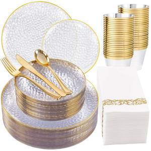lot 19294 image: DaYammi 175PCS Clear Gold Plastic Dinnerware Set, Plastic Plates Disposable Hammered Disposable Plates for Party, Include 25 Dinner Plates 25 Dessert Plates 75 Gold Silverware 25 Napkins 25 Cups