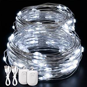 lot 20112 image: DomeStar 2 Pack Fairy Lights, 32ft Rechargeable Battery Operated String Lights, 8 Modes Cool White LED for Bedroom, Living Room, Yard, Camping and Party Decor