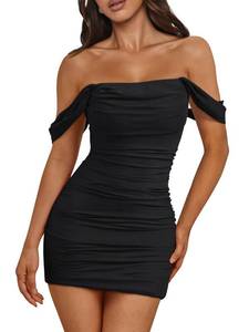 lot 20168 image: Trendy Queen Womens Off The Shoulder Bodycon Mini Dresses Summer Spring 2026 Homecoming Graduation Party Cocktail Club Sexy Going Out Ruched Mesh Short Dress Birthday Hoco Outfits Clothes Little Black  Large