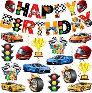 lot 20177 image: KORHONEN Race Car Themed Birthday Party Decorations for Boys and Adults - Includes Happy Birthday Banner and Hanging Swirls