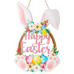 lot 20184 image: Easter Wreath Bunny Welcome Sign, Flower Egg Welcome Hanging 12in Wooden Easter Decor for Front Door Wall and Home Decorations