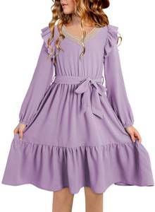 lot 20189 image: blibean Girls Long Sleeve Dresses Tween Kid Girl Fall Outfits Elegant Flare Wedding Guest Holiday Church Semi Formal Party Modest Midi Dress School Clothes Size 10-11 Years Old Lavender