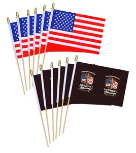 lot 20197 image: 12 Pack 250th USA Anniversary Small Mini Wood Hand Held Stick Flag,with One Nation Under God Design,5.5  8.2 Inch.