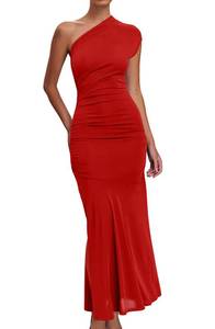 lot 20199 image: Memoriesea Womenfts Elegant One Shoulder Sleeveless Ruched Bodycon Cocktail Party Midi Dress Red Large