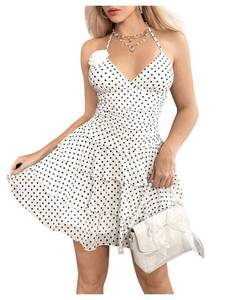 lot 20212 image: Milumia Womenfts Polka Dots Halter Mini Dress Deep V Neck Y2k Ruched Ruffle Layered Mesh Cami Dresses White Large