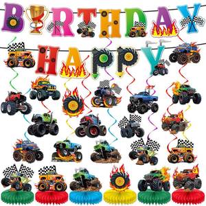 lot 20244 image: 50pcs Monster Theme Race Truck Party Supplies Trucks Happy Birthday Banners Monster Cars Hanging Swirls Ceiling Streamers Decor Racing Theme Honeycomb Centerpieces for Boys Birthday Party Supplies