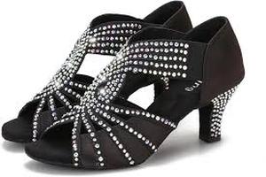 lot 14247 image: Black Satin Ballroom Dance Shoes with AB Crystal Rhinestone Embellishments Size 9