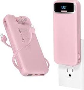 lot 20173 image: Power-Safe Portable Power Bank with Built-In AC Wall Plug and Dual Cables (Pink)