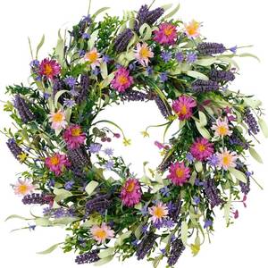 lot 1229 image: 22 Inch Spring Summer Flower Wreaths for Front Door, Artificial Colorful Floral Door Wreaths with Lavender Daisies Green Leaves Farmhouse for Inside Outside Home Window Weeding Decor