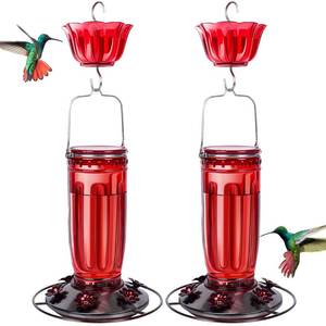 lot 1231 image: Kingsyard 2 Pack Glass Hummingbird Feeder for Outdoors, 16 Oz Wild Bird Feeder with 6 Feeding Ports Hanging for Garden Yard, Red (Ant Moat Included)