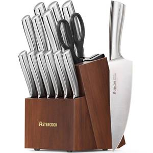 lot 1234 image: Astercook Knife Set, Kitchen Knives Set with Block and Sharpener Full Tang 15 Pcs Stainless Steel Knives, Dishwasher Safe Knife Set with Anti-slip Ergonomic Handle, Walnut, Fathers Day Gift for Men