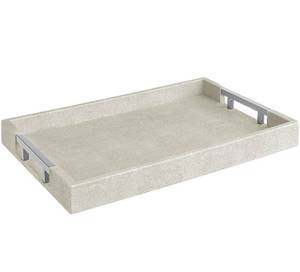 lot 1239 image: Modern Elegant 17.5inx12in Rectangle Natural Ivory Beige Faux Leather Shagreen Decorative Tray Ottoman Coffee Table Perfume Vanity Kitchen Serving Tray with Silver Metal Handles by Home Redefined.