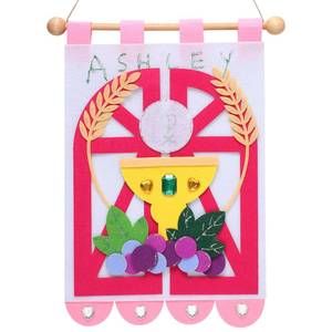 lot 2290 image: Mindsoft First Communion Banner Kit 9 x 12 Inches Catholic Craft Pack Banner Decorating Kit with Felt Pieces Glitter Pens Glue Gems DIY Sunday Church Activity for Baptism Party Decoration(Pink)
