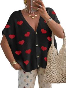 lot 2293 image: Saodimallsu Womens Cute Heart Valentines Cardigans Oversized Short Sleeve Button V Neck Lightweight Knit Sweater Tops S