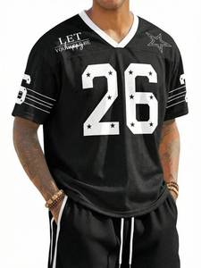 lot 2294 image: Mens Oversized Jersey Y2k Baggy T-Shirts Unisex V Neck Graphic Number Tees Streetwear Summer Fashion Tops Black 2XL