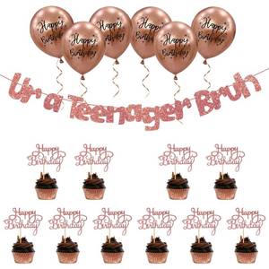 lot 2298 image: Ur a Teenager Bruh Rose Gold Glitter Banner - Pre-Strung Rose Gold Banner with Happy Birthday Balloons for 13th Birthday Party Favors Supplies, Ideas and Decorations for Boys Girls Birthday NO DIY