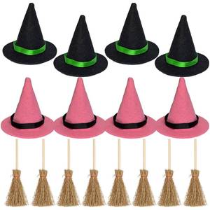 lot 2315 image: TUDACVTE Mini Witch Hats and Brooms Witch Theme Party Decorations Pink and Green Party Decorations Mini Witch Hat for Witch Party Decor, Birthday, Halloween, DIY Crafts Accessories
