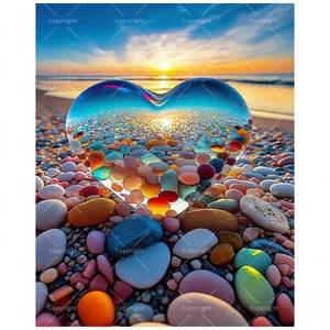 lot 2316 image: Romantic Paint by Numbers Kit for Adults - DIY Heart Glass and Pebble Beach Sunset Painting on Canvas 8X12IN framed,Acrylic Paint Set,Suitable for Beginners,Love Art for Home DecorationGifts