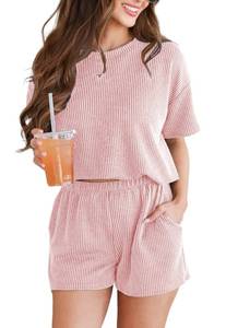 lot 2321 image: Spriolim Summer 2 Piece Outfits for Women Short Sleeve Top and Shorts Set Soft Casual Knit Lounge Set Pink, Large
