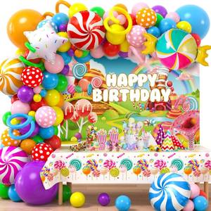lot 2339 image: Winrayk 134Pcs Candyland Party Decorations Birthday Supplies Candyland Balloon Arch Backdrop Tablecloth Star Lollipop Foil Balloons Girl Boy Kid Christmas Sweet Candy Themed Birthday Party Decorations