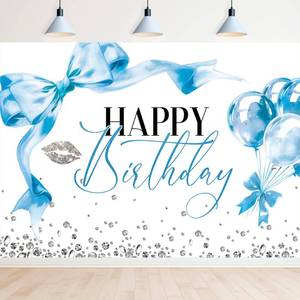 lot 2343 image: Newsely Blue Bow Happy Birthday Backdrop 7Wx5H Photography Coquette Blue White Bowknot Balloons Diamond Shining Background Fashion Elegant Party Decorations Banner Photo Booth Props Supplies