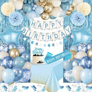 lot 2356 image: Blue Birthday Decorations, Blue Party Decor with Balloons Happy Birthday Banner Birthday Sash Tablecloth Fringe Curtain Light Blue Bday Decorations for Baby Boys Girl Men Women
