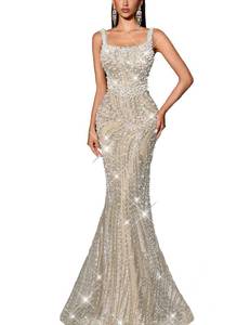 lot 2359 image: VOUIAO Womens Square Neck Sequin Beaded Mermaid Formal Evening Dress Spaghetti Strap Bodycon Prom Party Cocktail Maxi Gown Beige S