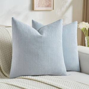 lot 2374 image: FUTEI Pack of 2 Solid Chenille Throw Pillow Covers 18x18 Inch Soft Cozy Wheat Ear Striped Textured Decorative Cushion Cases Modern Farmhouse Accent for Couch Bed Living Room, Light Blue
