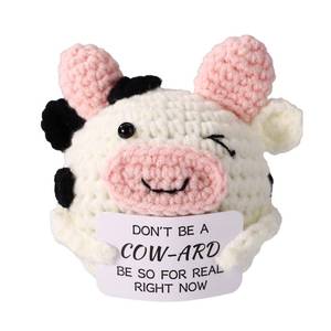 lot 2395 image: Positive Cow, Adorable Cotton Thread Inspirational Crochet Cow Hand-Knitted Doll with Funny Card for Bedroom Living Room Bookshelf and Desk Decor