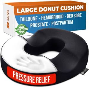 lot 3072 image: 5 STARS UNITED Donut Pillow for Tailbone Pain and Hemorrhoids � Large Memory Foam Seat Cushion for Bed Sore-Prone Areas and Pressure Relief � Prostate, Postpartum and Pregnancy Support, Black Mesh Cover