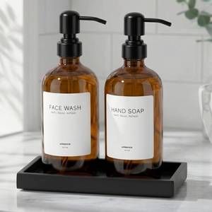 lot 3076 image: 2 Packs Glass Dish Soap Dispenser Set for Kitchen, Hand and Dish Soap Dispenser with Stainless Steel Pump and Resin Tray, Rental-Modern Refillable Countertop Soap Dispenser for Bathroom,Amber